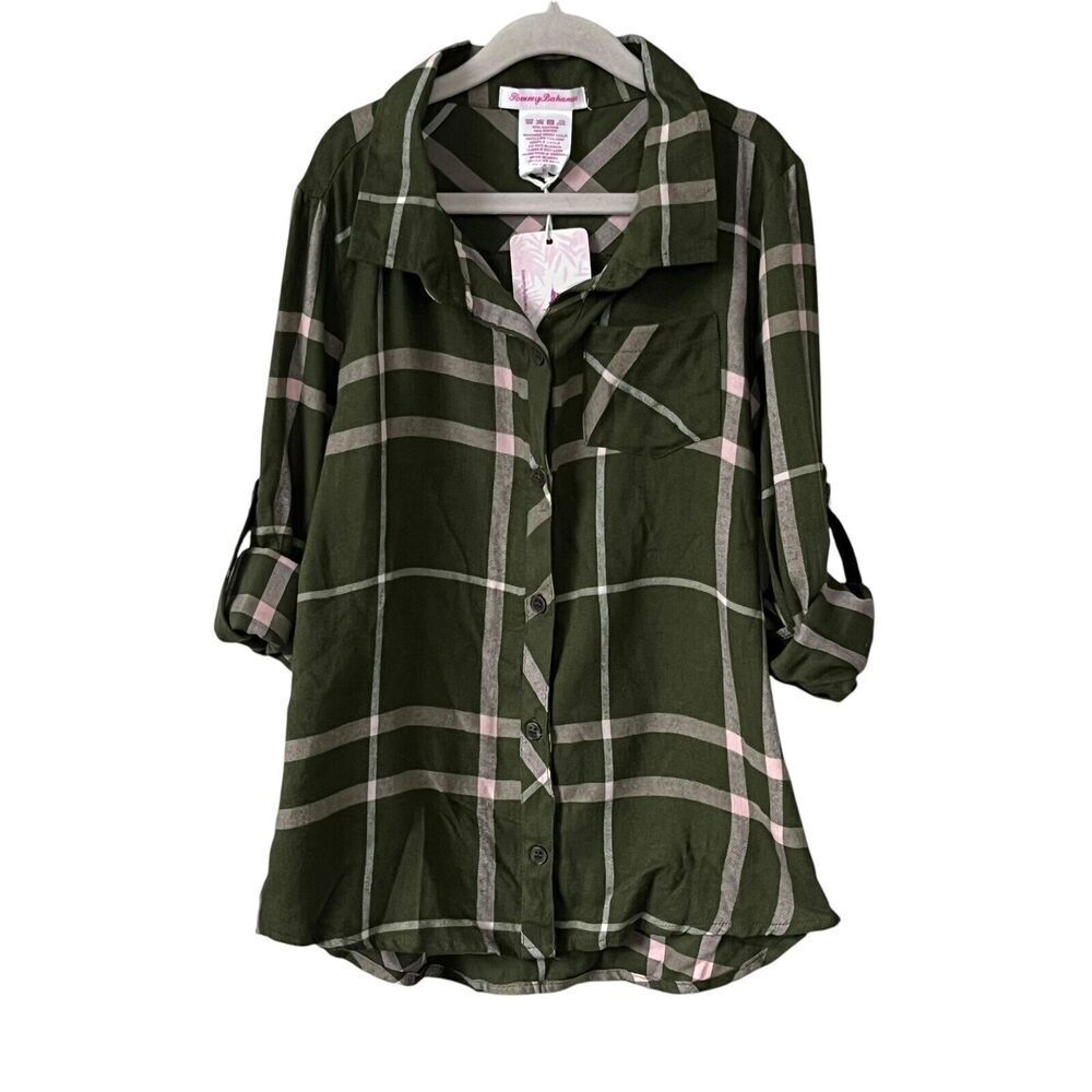 NWT Tommy Bahama Girls 7 Flannel Shirt Cotton Blend Roll Tab Sleeve Green Plaid